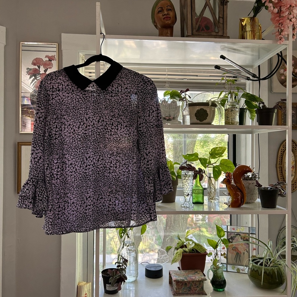Elle women’s lavender heart-printed business casual tiered flounce sleeve blouse